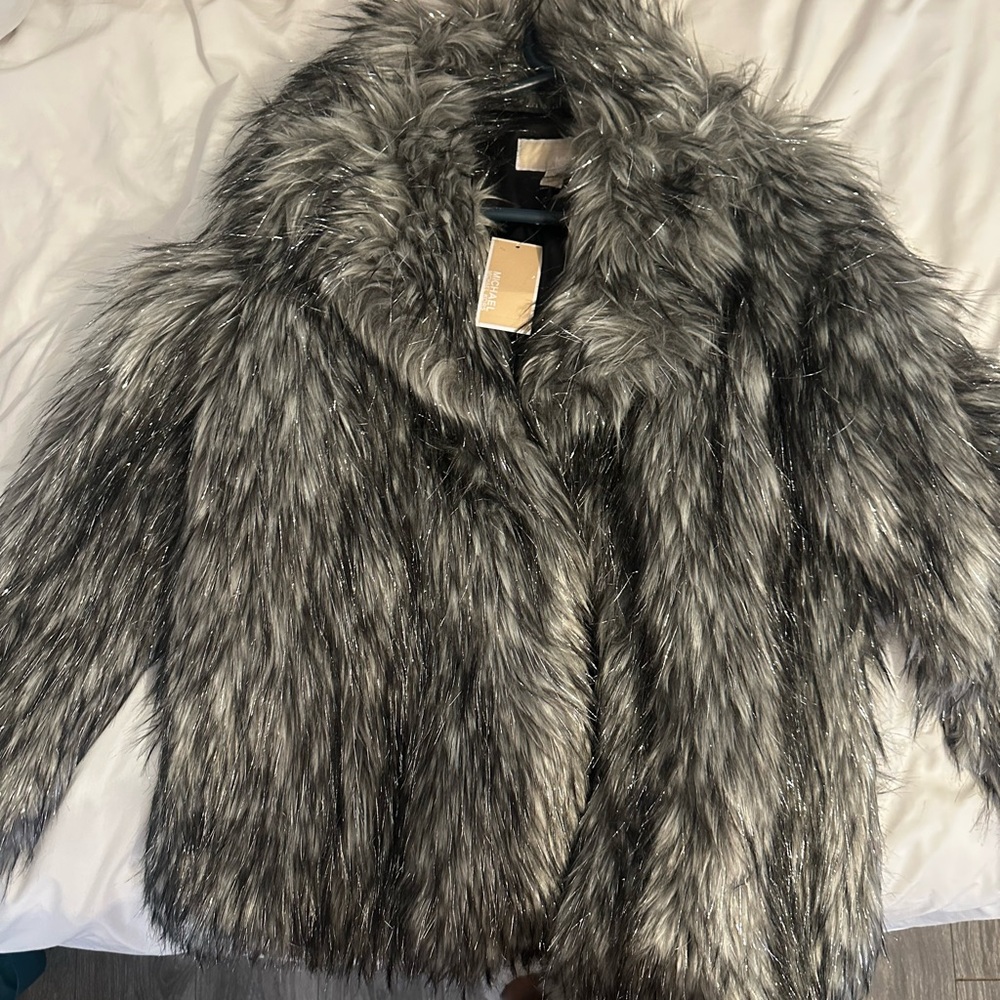 MICHAEL Michael Kors Silver and Black Teddy Jacket Plush Faux Fur